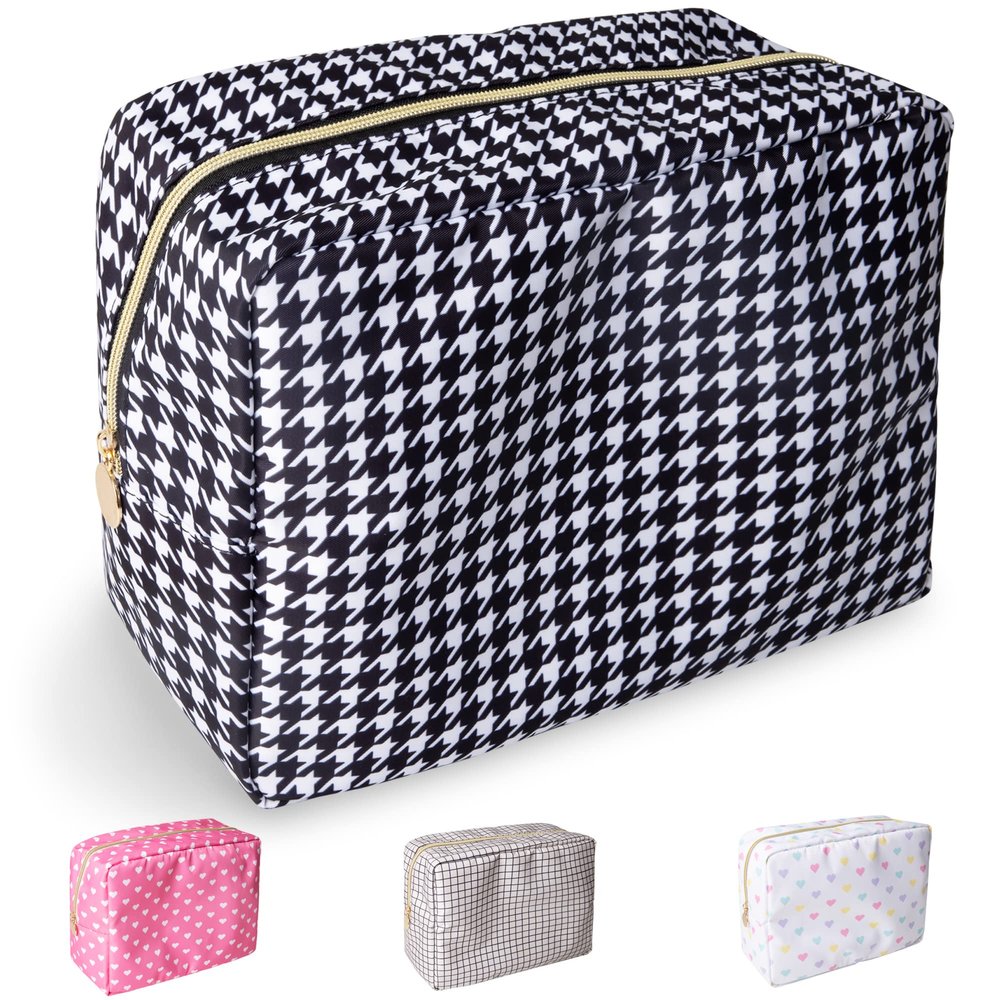 Nylon Large Makeup Bag Black Houndstooth Travel Pouch for Women, Big Preppy Makeup Bag Cute Cosmetic Zipper Pouch Purse, Waterproof Toiletry Bag Clutch Makeup Organizer for Girls(Black Houndstooth)