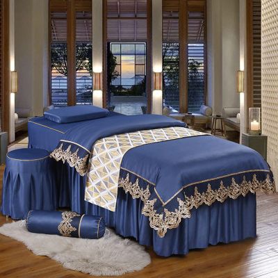 MIPOPS 4-Piece Microfiber Massage Table Sheet Set, Solid Color Premium Table Skirt Natural Massage Linen Salon Bed Cover Bedspreads(Blue,185x80cm(73x31inch))