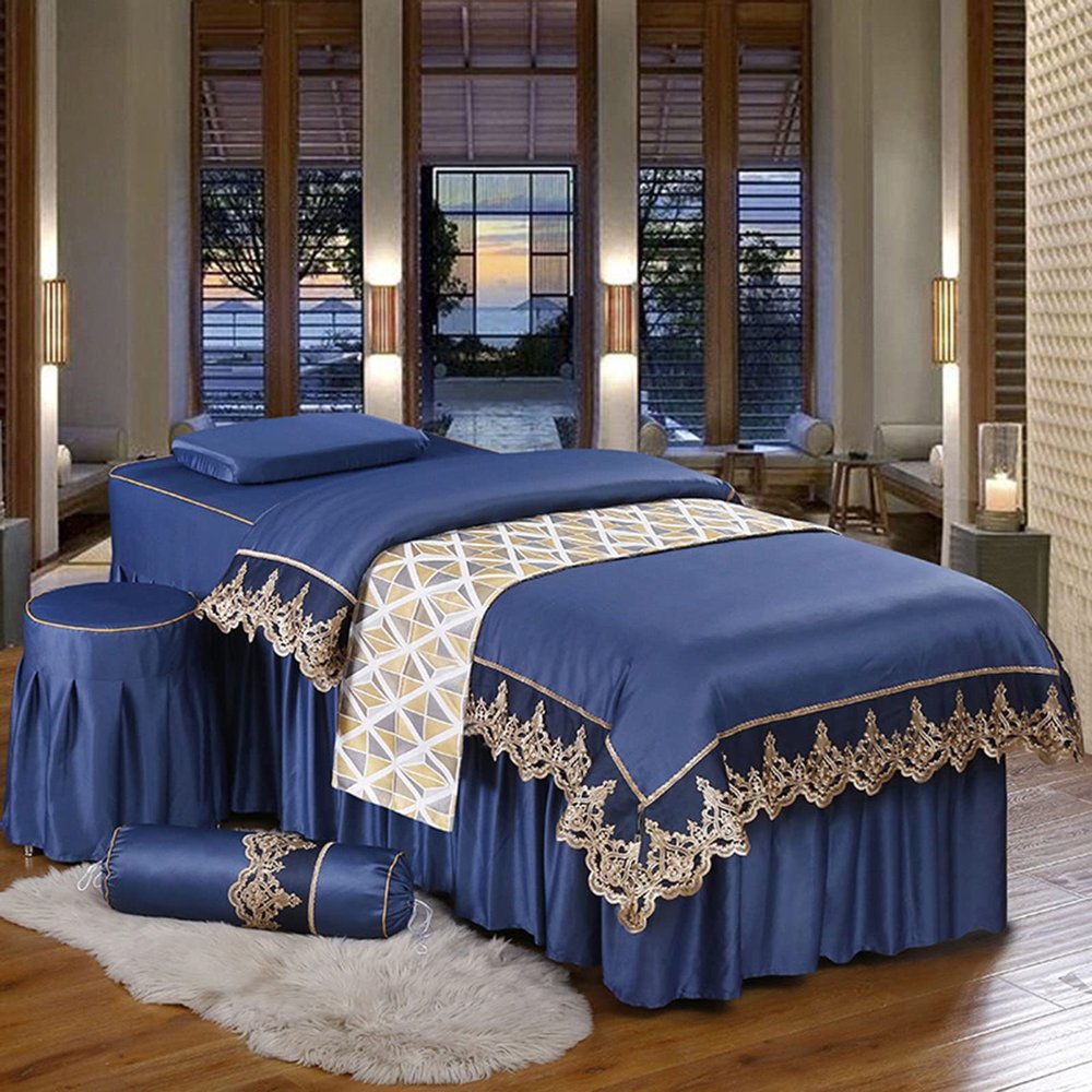 MIPOPS 4-Piece Microfiber Massage Table Sheet Set, Solid Color Premium Table Skirt Natural Massage Linen Salon Bed Cover Bedspreads(Blue,185x80cm(73x31inch))