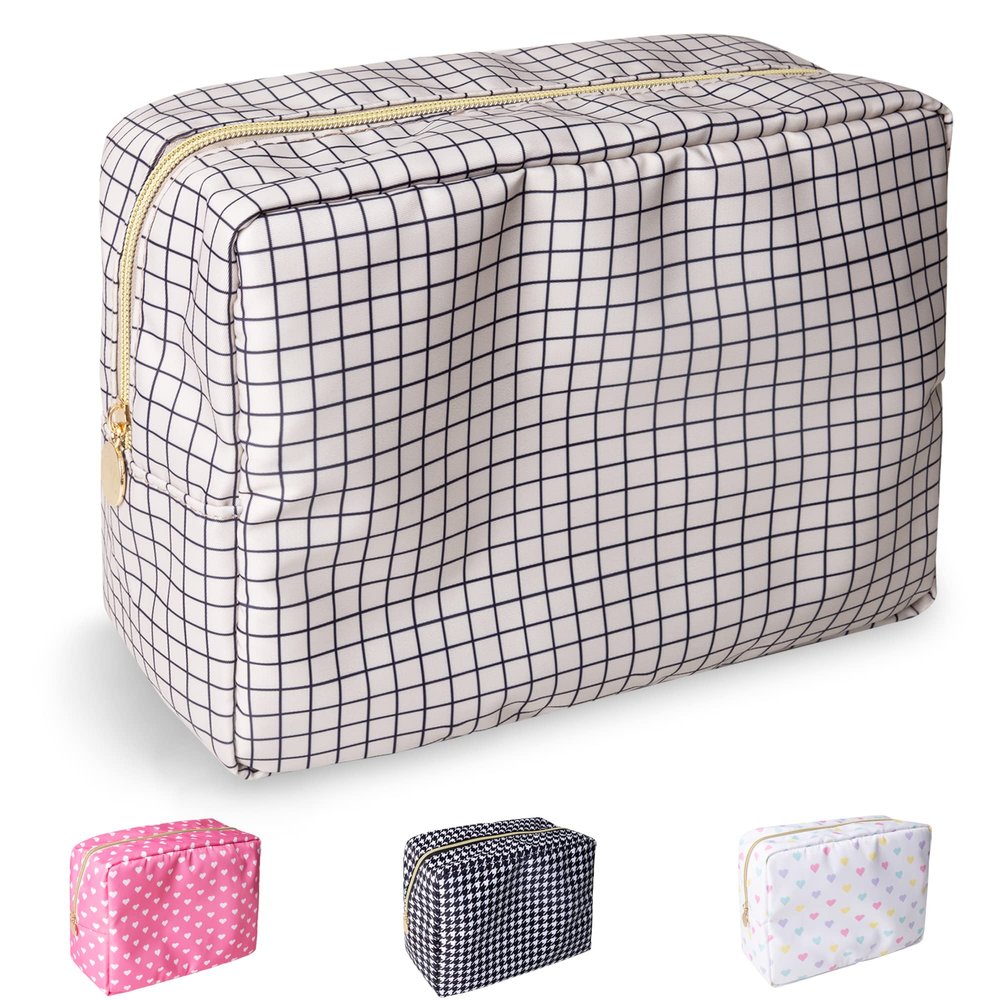 Nylon Large Checkered Makeup Bag Travel Pouch for Women, Big Preppy Makeup Bag Cute Cosmetic Zipper Pouch Purse,Waterproof Toiletry Bag Clutch Makeup Brush Organizer Pouch for Ladies Girls(Checkered)