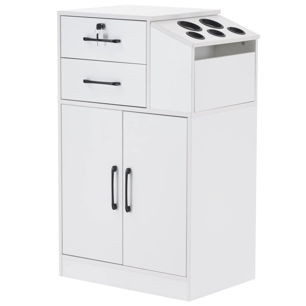 BarberPub Locking Barber Station with 2 Drawers Cabinet Beauty Salon Storage Equipment with Holders for Hair Stylist Spa 2005 (White)