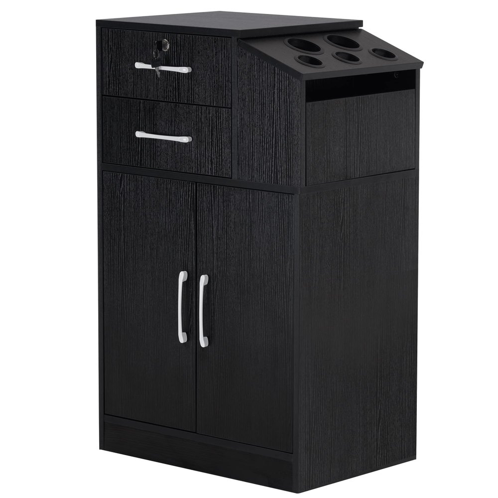 BarberPub Locking Barber Station with 2 Drawers Cabinet Beauty Salon Storage Equipment with Holders for Hair Stylist Spa 2005 (Black)