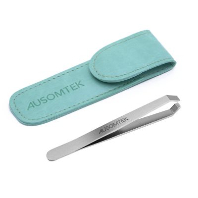 Ausomtek Beard Tweezers, White Hair Plucking Tweezers, Stainless Steel, Fine Hair Removal Tweezers, Eyebrows Shaping Tool, 5mm Tip, Cyan PU Case 1Pack, Silver, 1.0 Count, (BRTW-SSS-96WDQP)