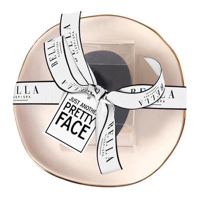 Bella Sleep + Spa Makeup Small Black Blending Sponge with Gold Trimmed Ceramic Tray, 4.5" Diameter, Pretty Face