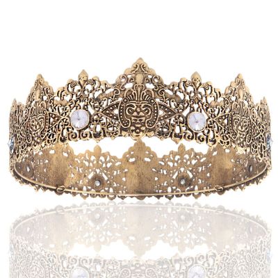 YOVECATHOU King Men Tiara Crown Imperial Medieval Headband Crystal Pageant Costumes For Wedding Cosplay Homecoming Prom Party (Dark Gold With White Stone)