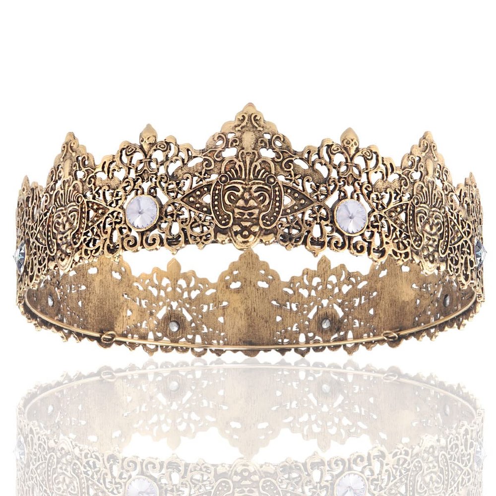 YOVECATHOU King Men Tiara Crown Imperial Medieval Headband Crystal Pageant Costumes For Wedding Cosplay Homecoming Prom Party (Dark Gold With White Stone)