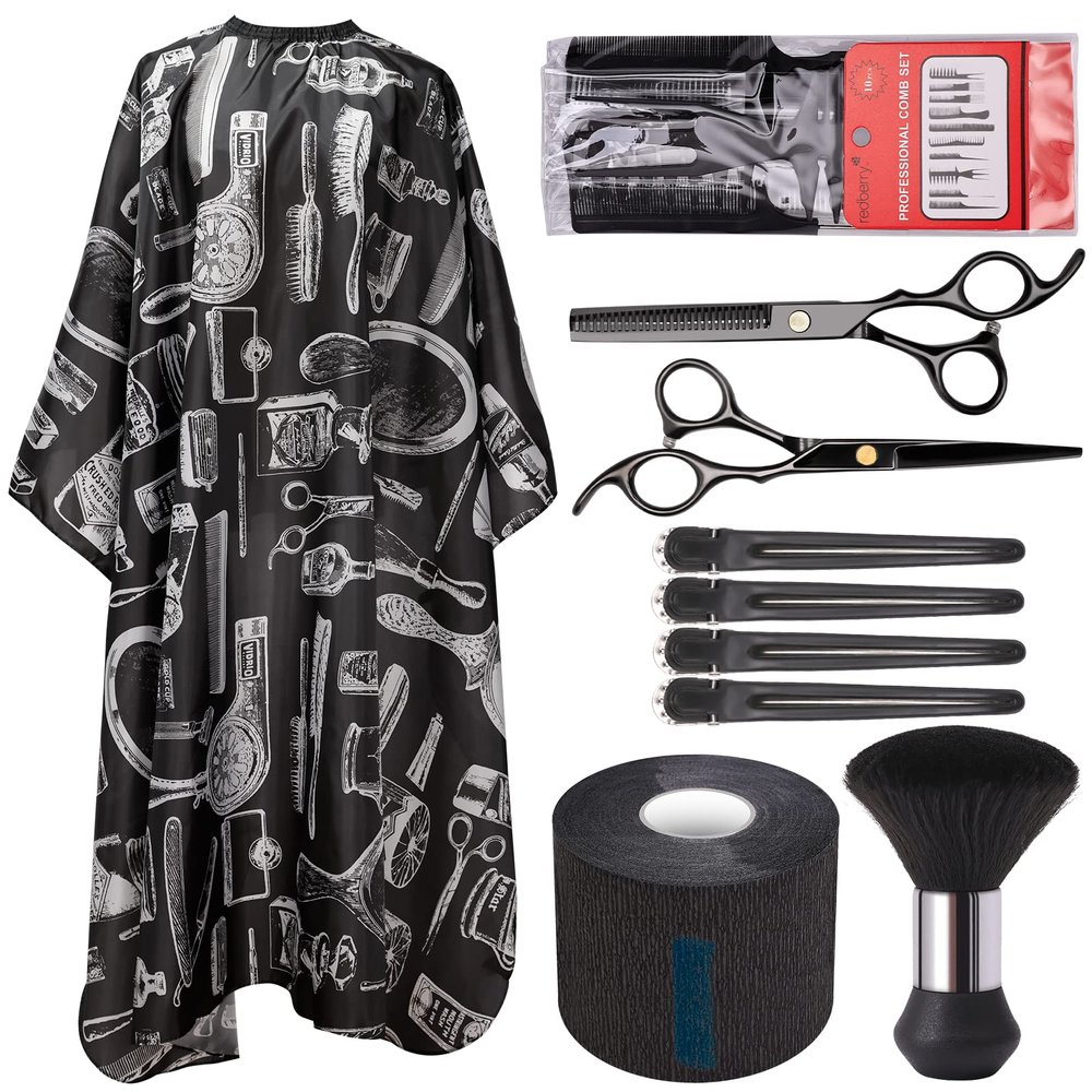 16 Pcs Professional Hairdressing Set, Hair Barber Cape Cutting Scissors Haircut Shears Kit, Neck Duster Brushcomb,Clips for Hairdresser Salon Home Use (Black)