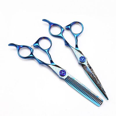 Hair Cutting Shears, 6 Inch Professional Blue Damascus Hair Cutting Scissors Gem Screw Haircut Thinning Barber Tools Steel Shears Hairdressing Scissors (Color : Set)