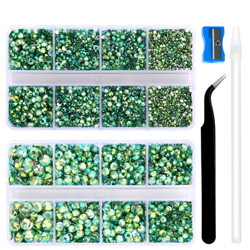 10400PCS Green AB Resin Flat Back Rhinestones, Round Non-Hotfix Jelly Nail Gems Rhinestone with Tweezer and Picker Pencil for Crafts Tumblers Nail Art & DIY Decoration