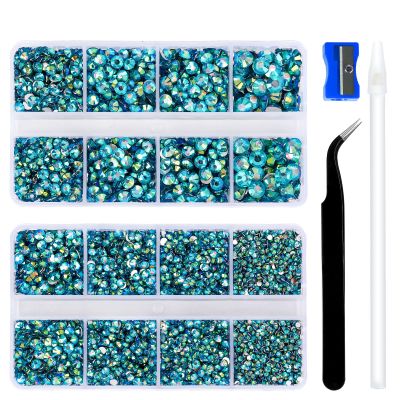 10400PCS Blue AB Resin Flat Back Rhinestones, Round Non-Hotfix Jelly Nail Gems Rhinestone with Tweezer and Picker Pencil for Crafts Tumblers Nail Art & DIY Decoration