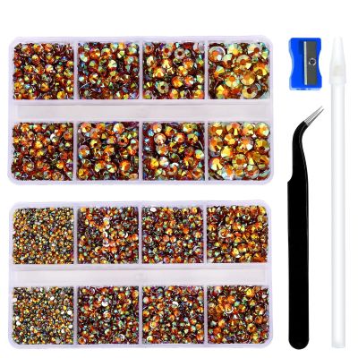 10400PCS Orange-yellow AB Resin Flat Back Rhinestones, Round Non-Hotfix Jelly Nail Gems Rhinestone with Tweezer and Picker Pencil for Crafts Tumblers Nail Art & DIY Decoration