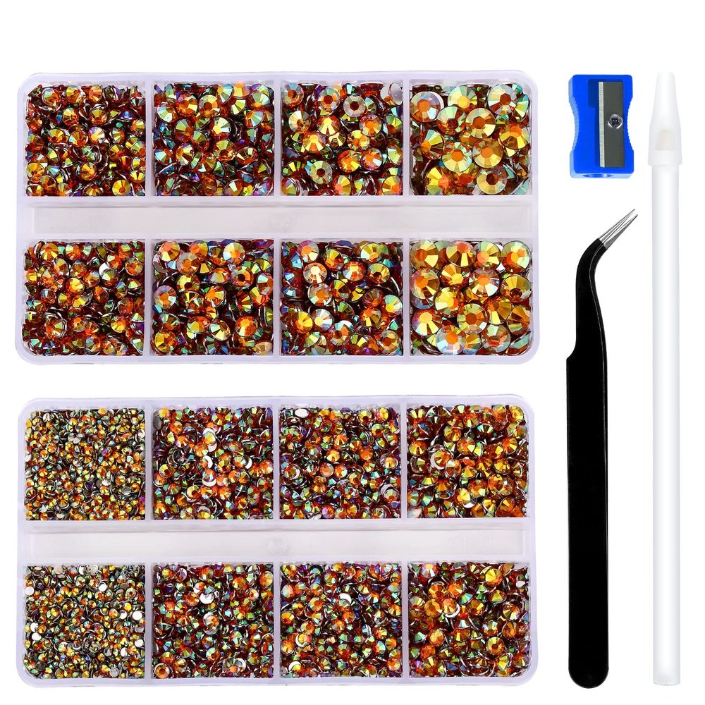 10400PCS Orange-yellow AB Resin Flat Back Rhinestones, Round Non-Hotfix Jelly Nail Gems Rhinestone with Tweezer and Picker Pencil for Crafts Tumblers Nail Art & DIY Decoration