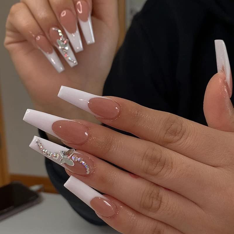 PUSCOBSY Ballerina Press on Nails Butterfly Rhinestone Fake Nails Long Coffin False Nails White French Tip Acrylic Nails Glossy Artificial Stick on Nails for Women and Girls 24PCS
