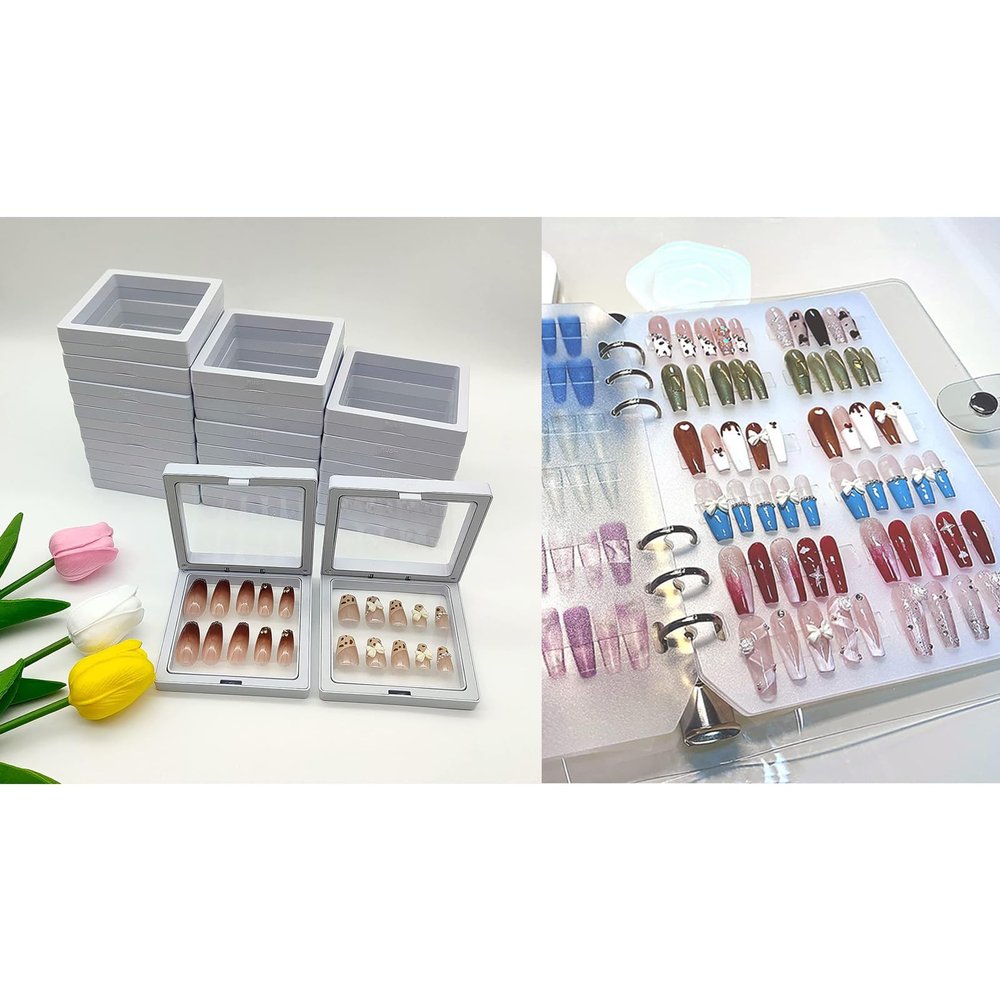 Press On Nail Organizer + 2023 Newest Press On Nail Packaging Boxes 20 Pack 3D Floating Press On Nail Storage Box