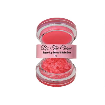 By The Clique Premium 2 in 1 Exfoliating Sugar Lip Scrub and Smoothing Safflower Oil Infused Lip Balm Duo | All Natural Ingredients | Vegan, Gluten Free, Cruelty Free | Strawberry Sugar