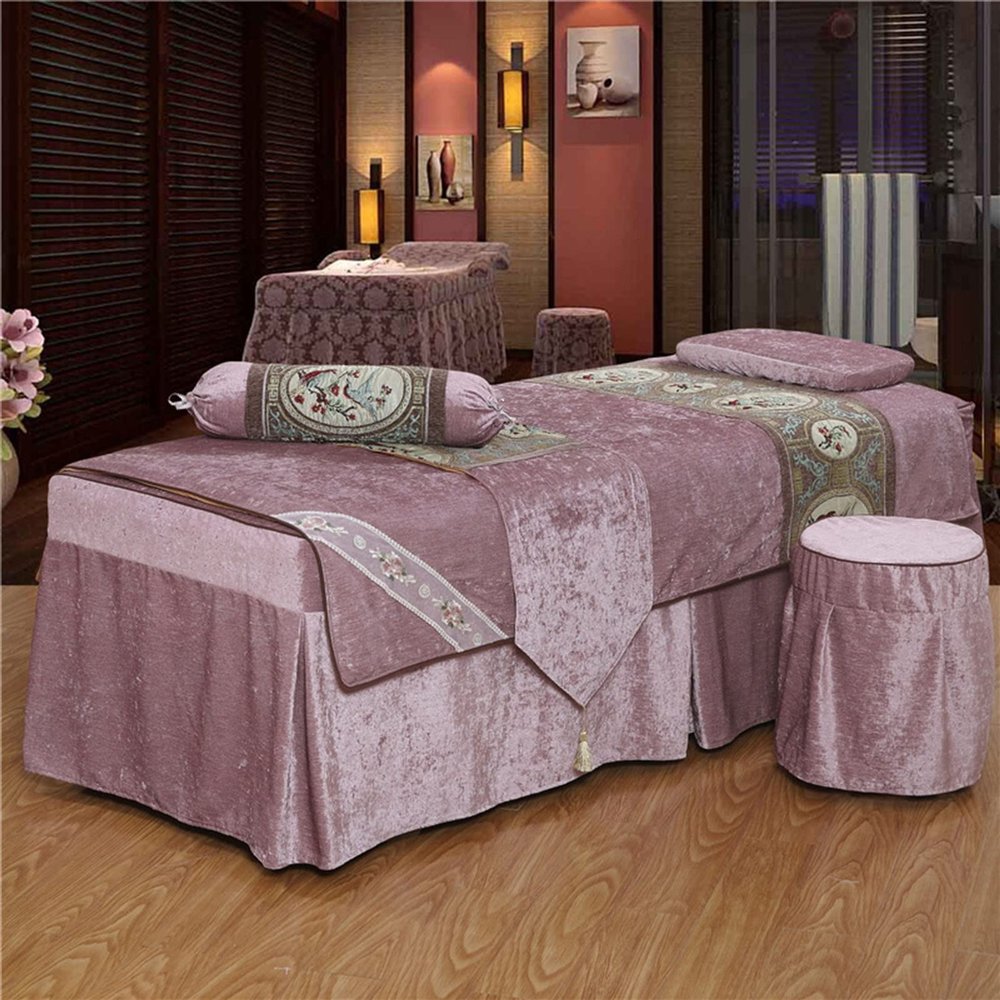 MIPOPS Premium Microfiber 4-Piece Massage Sheet Set, Massage Table Skirt Spa Bed Cover, Super Soft and Breathable Beauty Bedspread, Blanket Cover, Pillowcase, Chair Cover(E,190x80cm(75x31inch))
