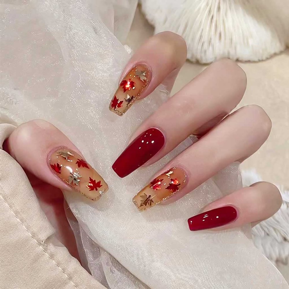 RikView Red Press on Nails Long Fake Nails Coffin Nails with Fall Design Glossy Full Cover Nails for Women 24 PCs/Set