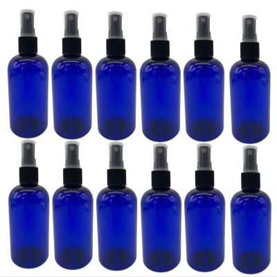 Natural Farms 4 oz Blue Boston BPA FREE Bottles - 12 Pack Empty Refillable Containers - Essential Oils Cleaning Products - Aromatherapy | Black Fine Mist Sprayers - Made in the USA