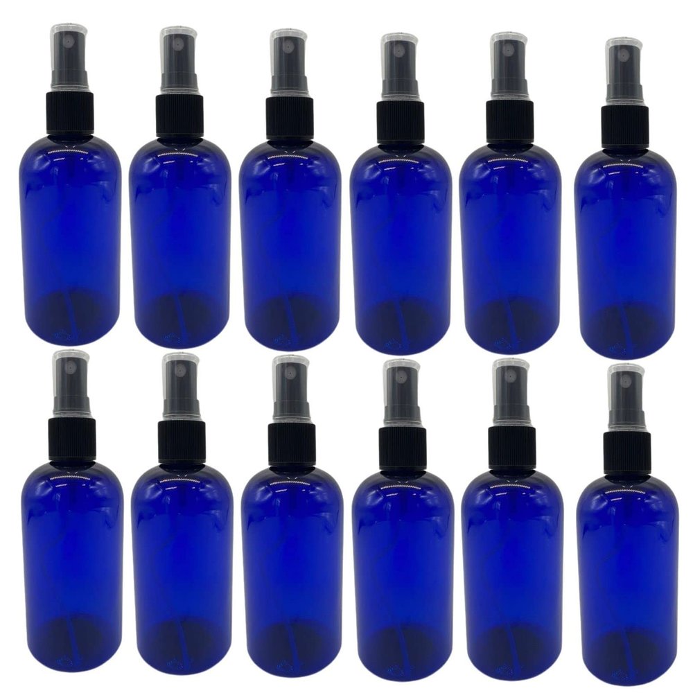 Natural Farms 4 oz Blue Boston BPA FREE Bottles - 12 Pack Empty Refillable Containers - Essential Oils Cleaning Products - Aromatherapy | Black Fine Mist Sprayers - Made in the USA