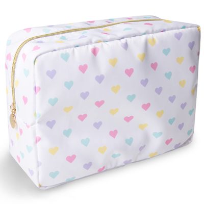 Nylon Large Makeup Bag Travel Cosmetic Bag Pouch, Big Preppy Makeup Bag Cute Cosmetic Zipper Pouch Purse, Waterproof Toiletry Bag Clutch Makeup Organizer Travel Essentials for Women Girl(White-Heart)