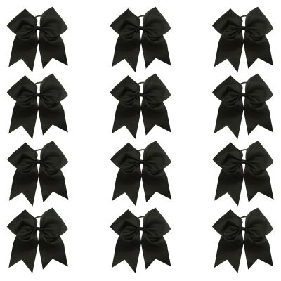 Black - 12 Pcs 7 Inch Jumbo Cheer Bows Ponytail Holder Cheerleading Girls Bow Hair Tie