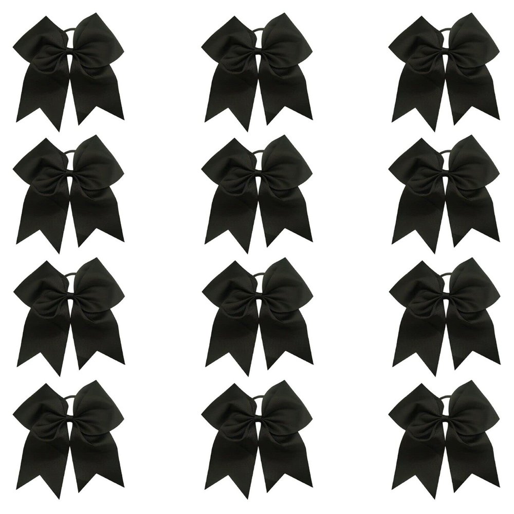 Black - 12 Pcs 7 Inch Jumbo Cheer Bows Ponytail Holder Cheerleading Girls Bow Hair Tie
