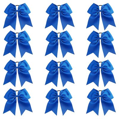 Blue - 12 Pcs 7 Inch Jumbo Cheer Bows Ponytail Holder Cheerleading Girls Bow Hair Tie