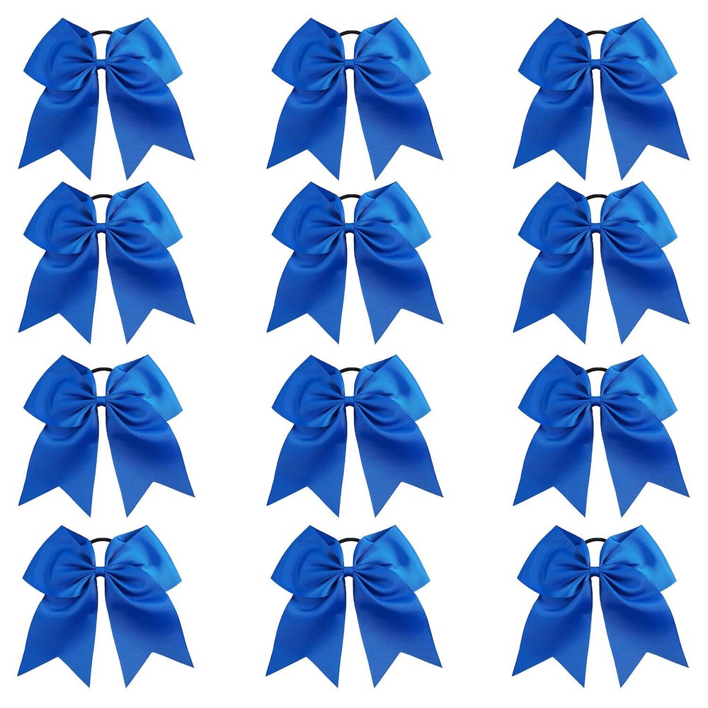 Blue - 12 Pcs 7 Inch Jumbo Cheer Bows Ponytail Holder Cheerleading Girls Bow Hair Tie