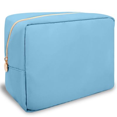 Nylon Large Makeup Bag Travel Cosmetic Bag Pouch, Preppy Big Makeup Bag Cute Cosmetic Zipper Pouch Purse, Waterproof Toiletry Bag Clutch Make Up Organizer Travel Essentials for Women Men Girls(Blue)