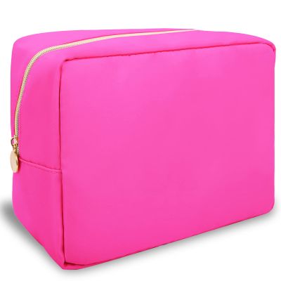 Nylon Large Makeup Bag Travel Cosmetic Bag Pouch, Preppy Big Makeup Bag Cute Cosmetic Zipper Pouch Purse, Waterproof Toiletry Bag Clutch Makeup Organizer Travel Essentials for Women Girls(Hot Pink)