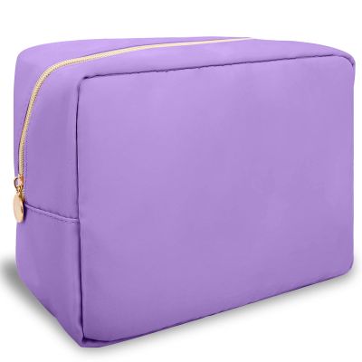 Nylon Large Makeup Bag Travel Cosmetic Bag Pouch, Preppy Big Makeup Bag Cute Cosmetic Zipper Pouch Purse, Waterproof Toiletry Bag Clutch Makeup Organizer Travel Essentials for Women Men Girls(Purple)