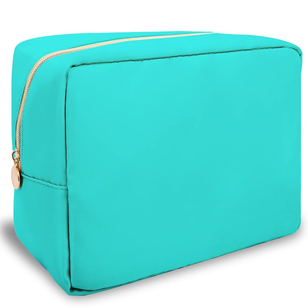 Nylon Large Makeup Bag Travel Pouch for Women, Preppy Big Makeup Bag Cute Cosmetic Zipper Pouch Purse, DIY Chenille Letter Bag Waterproof Toiletry Bag Clutch Make Up Organizer for Women Girls(Mint)