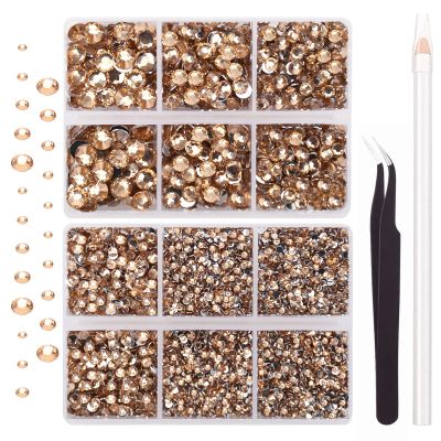 AUREHEN 10000PCs 2-6MM Champagne Resin Flat Back Rhinestones, Round Non Hotfix Resin Rhinestones Nail Gems Stones with Tweezer & Picker Pen for Tumblers Nail Art & DIY Decoration