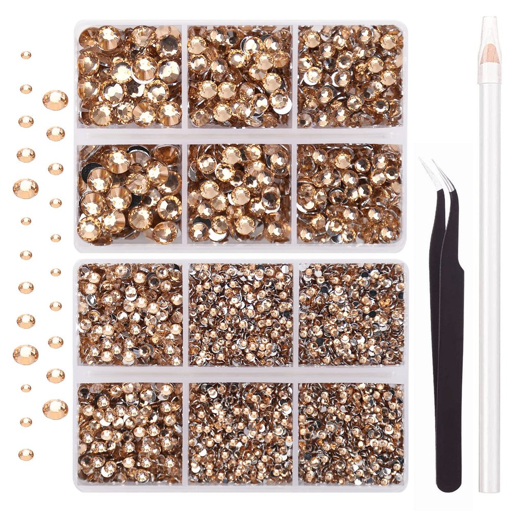 AUREHEN 10000PCs 2-6MM Champagne Resin Flat Back Rhinestones, Round Non Hotfix Resin Rhinestones Nail Gems Stones with Tweezer & Picker Pen for Tumblers Nail Art & DIY Decoration