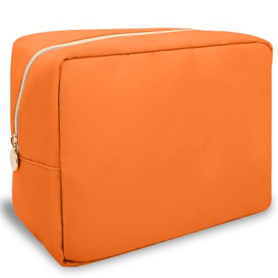 Nylon Large Makeup Bag Travel Cosmetic Bag Pouch, Preppy Big Makeup Bag Cute Cosmetic Zipper Pouch Purse, Waterproof Toiletry Bag Clutch Makeup Organizer Travel Essentials for Women Men Girls(Orange)