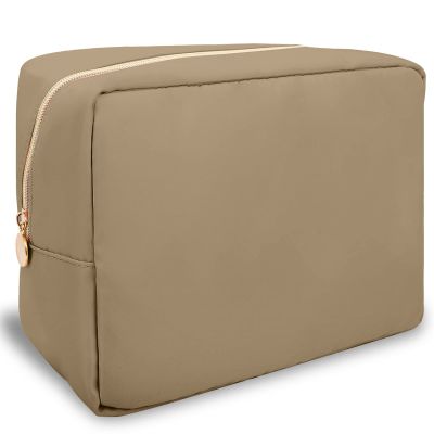 Nylon Large Makeup Bag Travel Pouch for Women, Preppy Big Makeup Bag Cute Cosmetic Zipper Pouch Purse, DIY Chenille Letter Bag Waterproof Toiletry Bag Clutch Make Up Organizer for Women Girls(Khaki)
