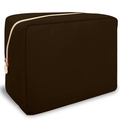 Nylon Large Makeup Bag Travel Pouch for Women, Preppy Big Makeup Bag Cute Cosmetic Zipper Pouch Purse, DIY Chenille Letter Bag Waterproof Toiletry Bag Clutch Make Up Organizer for Women Girls(Brown)
