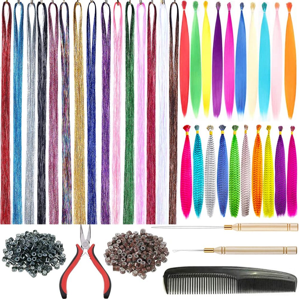 15 Colors Hair Tinsel with Tools Kit 43 Inch 3000 Strands Sparkling Shiny Tinsel Hair Extensions with 10Pcs Synthetic Feather 10 Pcs Rainbow Hair 100 Pcs Silicone Beads 1 Pliers 2 Crochet Hooks 1Comb