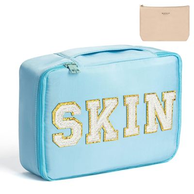 Belanttega Mother's Day Best Gifts Preppy Patch MOM Cosmetic Bag Large Capacity Travel Toiletry Bag with Brush Bags Makeup Case Multifunction Organizer Make Up Bag Mother's Day Gifts for Mama Women
