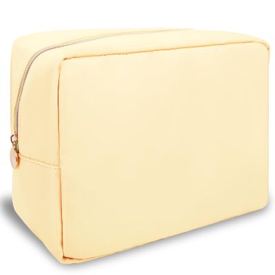 Nylon Large Makeup Bag Travel Pouch for Women, Preppy Big Makeup Bag Cute Cosmetic Zipper Pouch Purse, DIY Chenille Letter Bag Waterproof Toiletry Bag Clutch Makeup Organizer for Girls (Beige)
