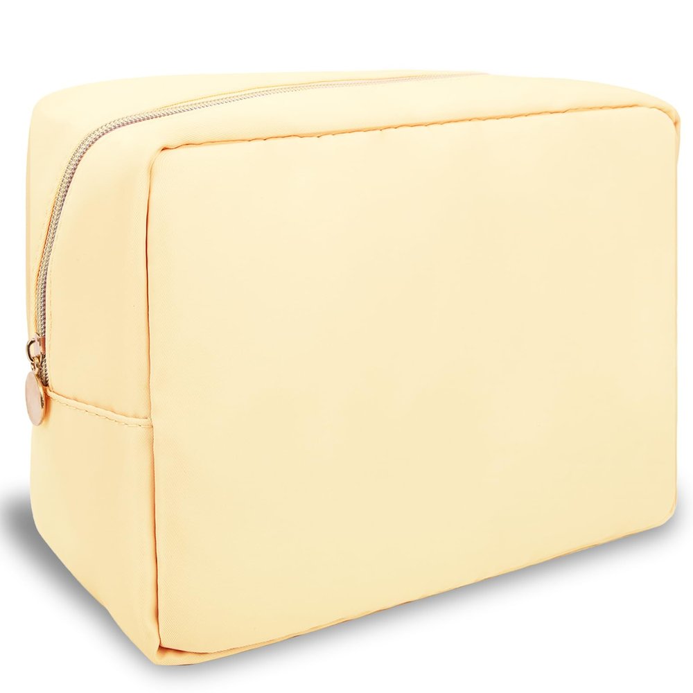 Nylon Large Makeup Bag Travel Pouch for Women, Preppy Big Makeup Bag Cute Cosmetic Zipper Pouch Purse, DIY Chenille Letter Bag Waterproof Toiletry Bag Clutch Makeup Organizer for Girls (Beige)