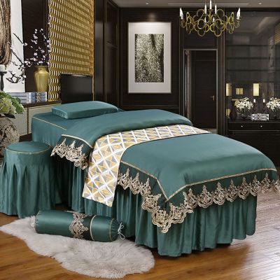 MIPOPS 4-Piece Microfiber Massage Table Sheet Set, Solid Color Premium Table Skirt Natural Massage Linen Salon Bed Cover Bedspreads(Green,180x70cm(71x28inch))