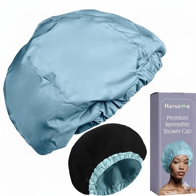 Premium Shower Cap for Women - 1000+ Showers, 100% Waterproof, Double-Sided, Large Shower Cap For Long Hair & Great For Curls (Anti-Frizz Terry Cloth Lining) (Sky Blue)