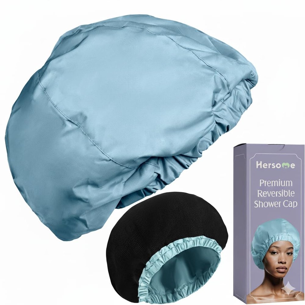 Premium Shower Cap for Women - 1000+ Showers, 100% Waterproof, Double-Sided, Large Shower Cap For Long Hair & Great For Curls (Anti-Frizz Terry Cloth Lining) (Sky Blue)