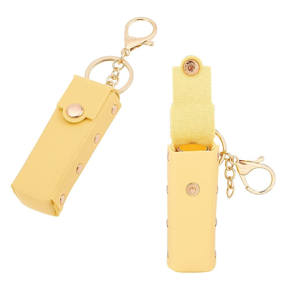 WADORN 2pcs Chapstick Keychain Holder, 6 Inch PU Leather Lipstick Organizer Holder with Keychain Mini Lip Gloss Travel Storage Case Portable Snap-On Lip Balm Sleeves for Women Gift, Yellow