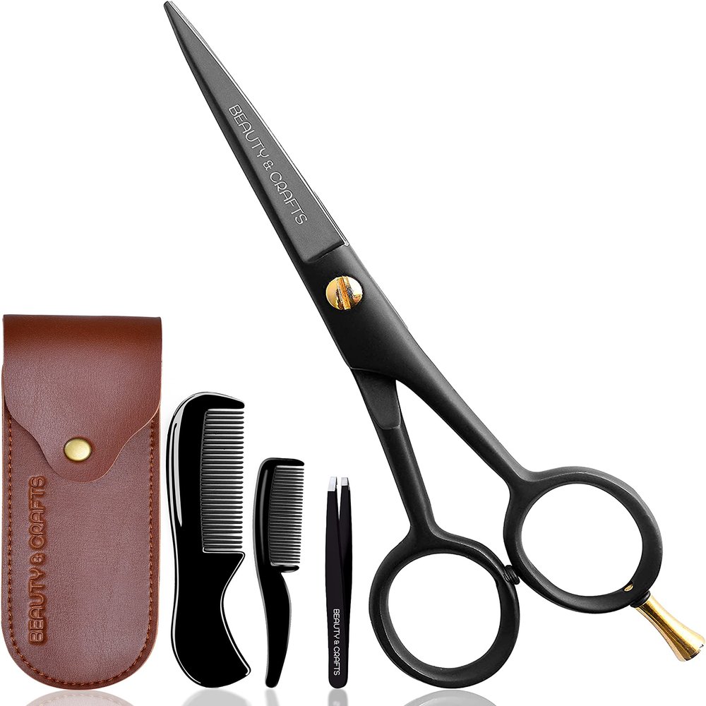 5'' Professional German Beard Scissors for Men- 2 Mustache Combs for Facial Hair with Beautiful Pouch & Tweezer - Mustache Scissors for Men Grooming, Cutting, Styling-Mustache Trimmer