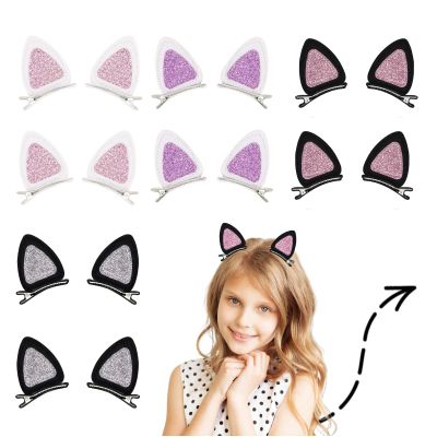 16 Pcs Cat Ears Hair Clips for Girls Cat Themed, Toddlers Animal Hair Pins Glitter Accessories for Girls Hair Clips Easter Halloween Costume Party Supplies