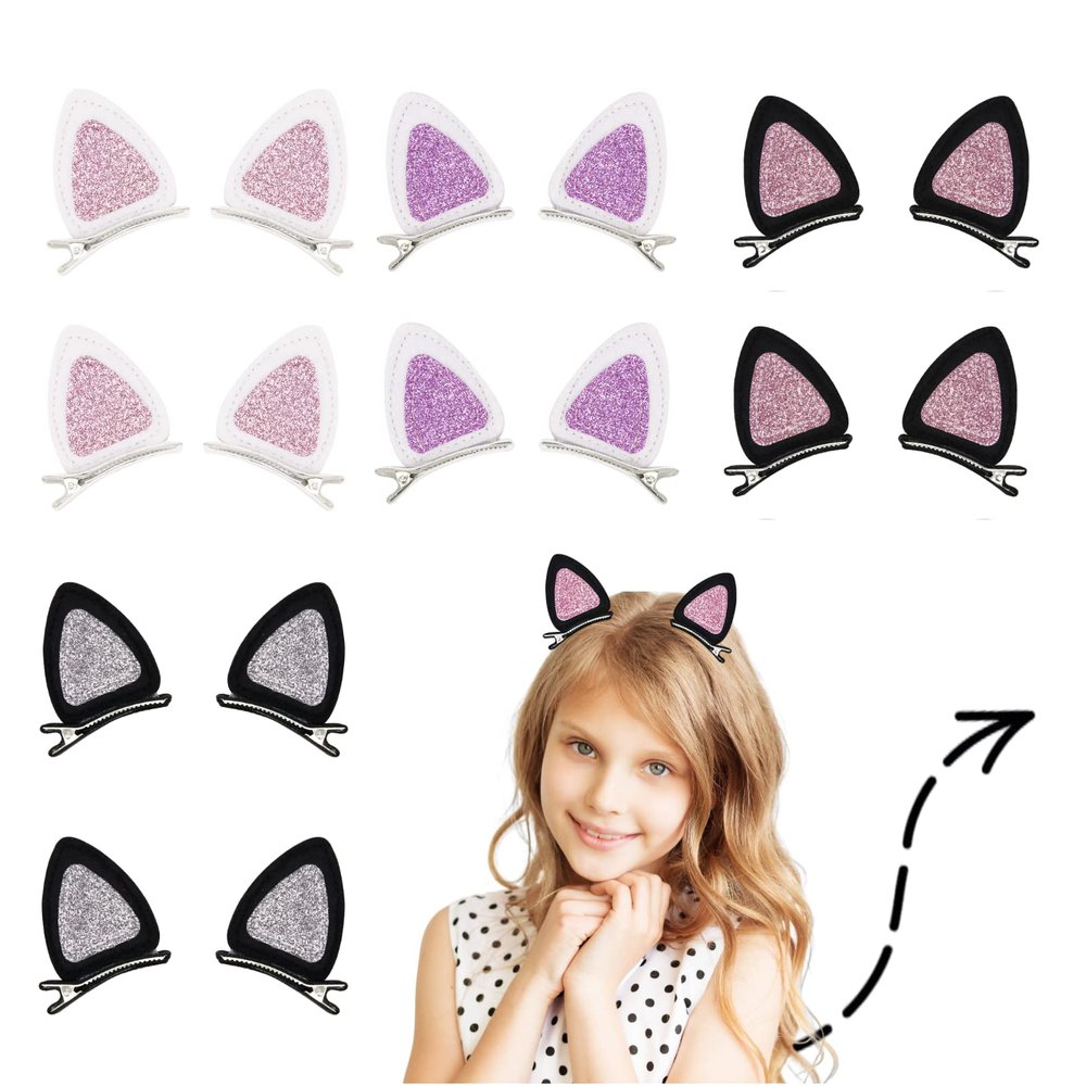 16 Pcs Cat Ears Hair Clips for Girls Cat Themed, Toddlers Animal Hair Pins Glitter Accessories for Girls Hair Clips Easter Halloween Costume Party Supplies
