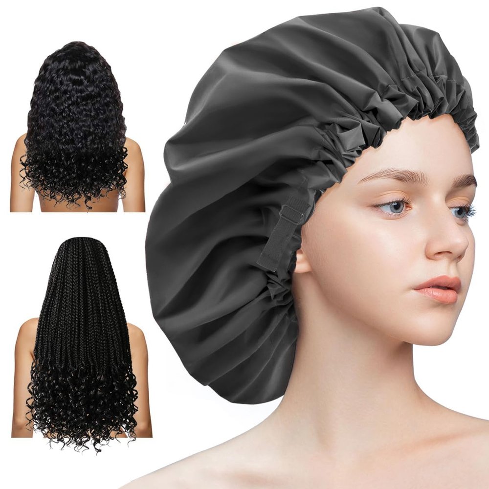 Aquior Shower Cap for Women, Extra Adjustable Shower Caps for Women Double-Layer Waterproof Reusable Hair Cap, Large Size Hair Cap for All Hair,for Girls Spa Bath,Soft and Comfortable (Back)