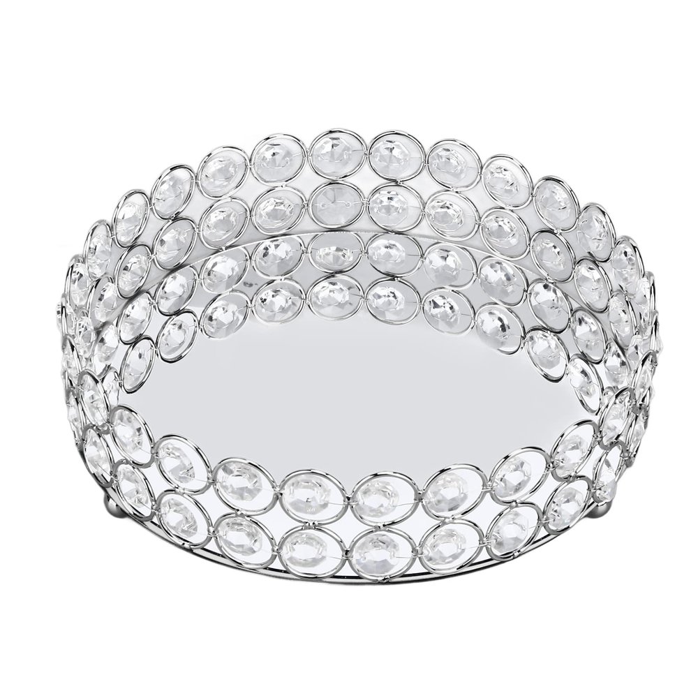 PRTECY 8 inch Crystal Cosmetic Makeup Tray, Round Mirrored Trays for Vanity Makeup Organizer Jewelry Dish Cosmetics Organizer for Bathroom Home Decor(Silver 20cm)